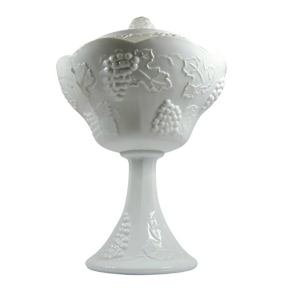 Colony Harvest Milk Glass Compote with Lid - Vintage Mid-Century Wedding Bowl - Picture 3 of 6